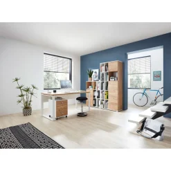 Aktenschrank Lionel mit offenen Fächern und Push-to-open Technik 85 x 120 x 40 cm weiß/Navarra-Eiche-Nachbildung