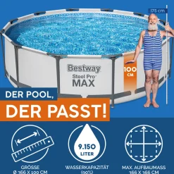 Bestway Steel Pro Max Frame-Pool-Set mit Filterpumpe Durchmesser 366 x 100 cm grau
