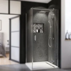 Breuer Drehtür mit Festteil Panorama für Seitenwand Anschlag rechts alu chromeffekt grau getönt 900 mm