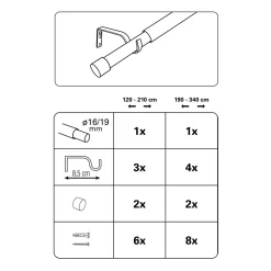 Gardinenstangen Set ausziehbar Durchmesser 16/19 mm 120-210 cm Edelstahl-Optik