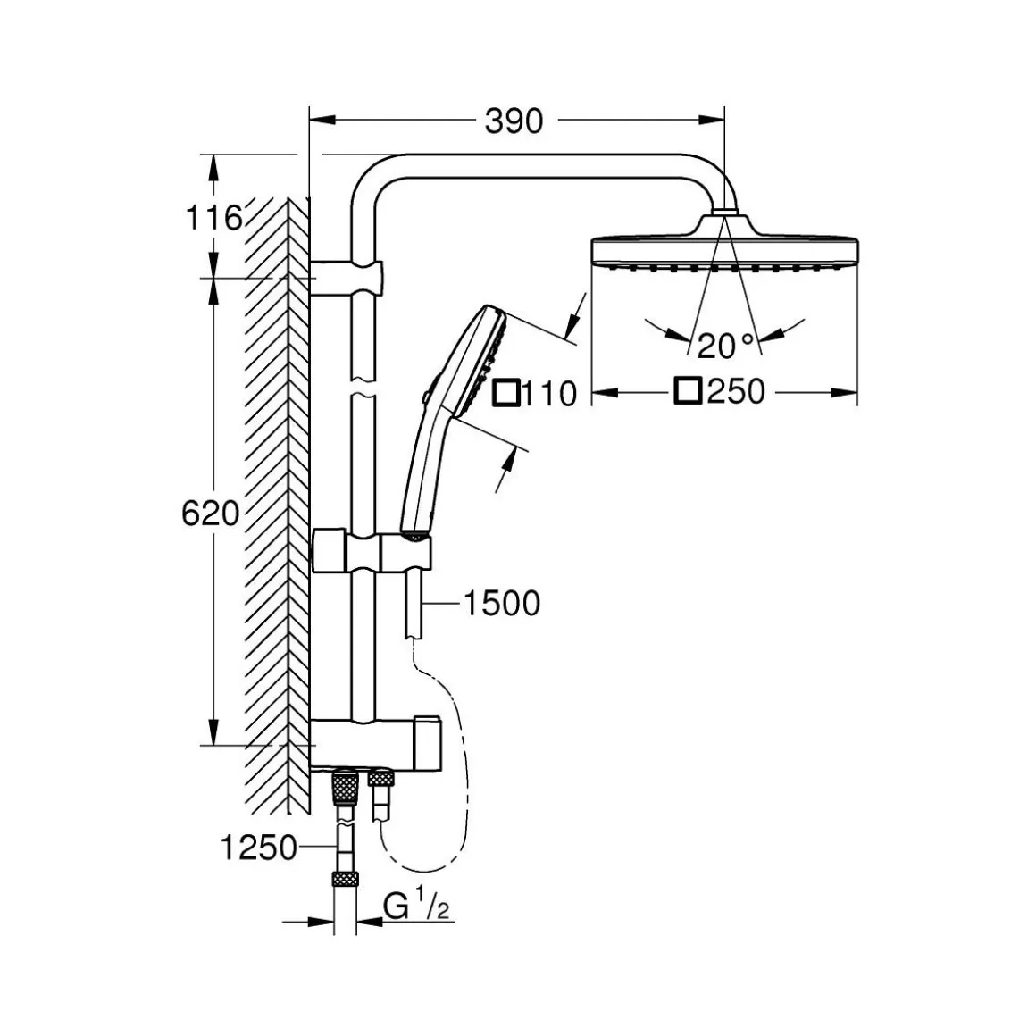 Grohe Duschsystem Vitalio Comfort 250 Flex mit Umstellung für die Wandmontage