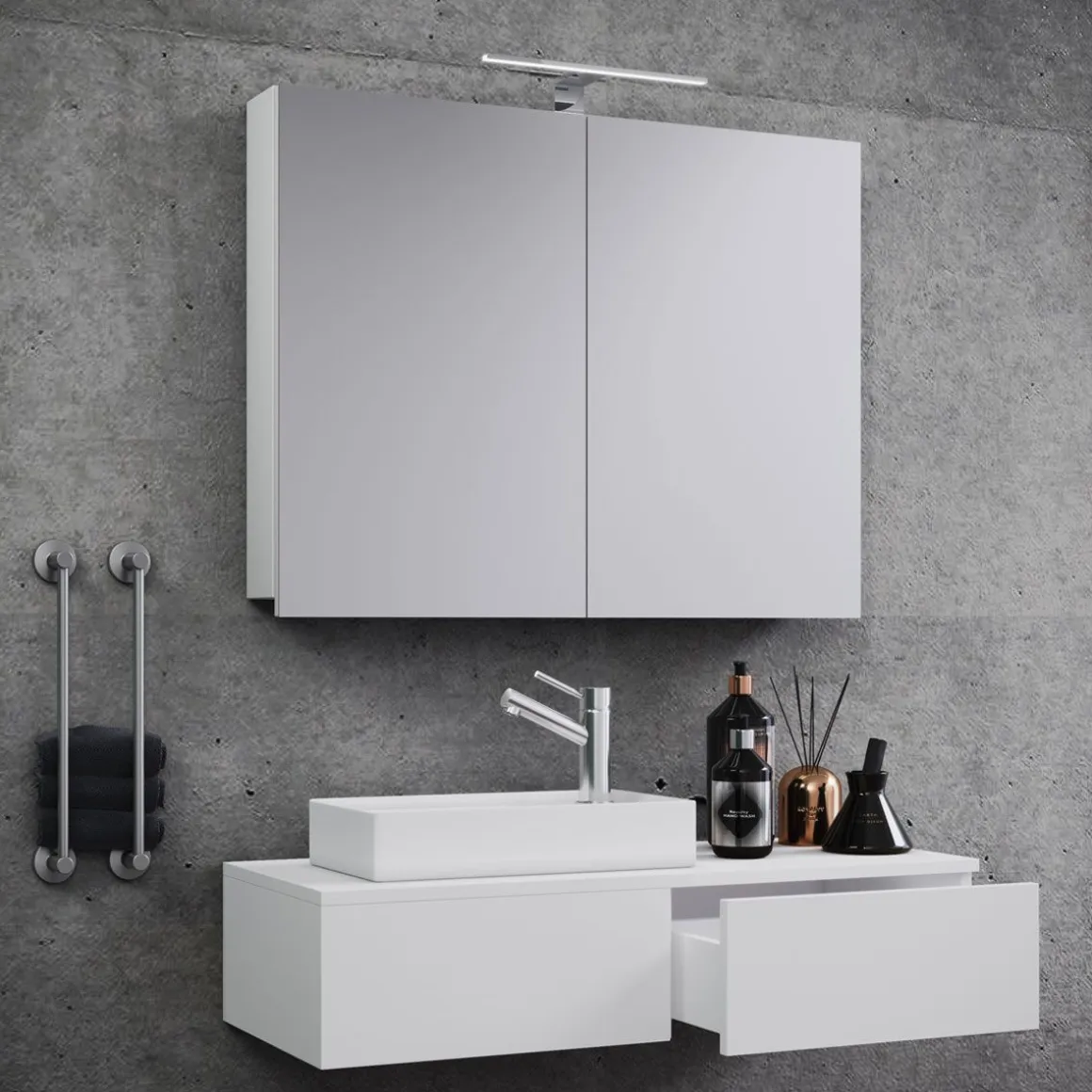 Gäste-Waschplatz Gudas 3-teilig mit Spiegelschrank weiß