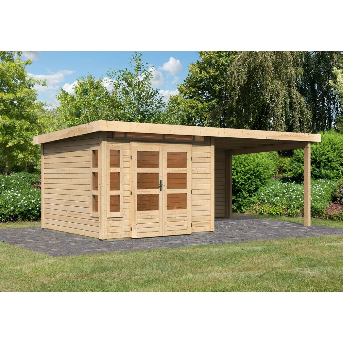 Karibu Blockbohlenhaus Kastorf 6 naturbelassen mit Anbaudach und Rückwand