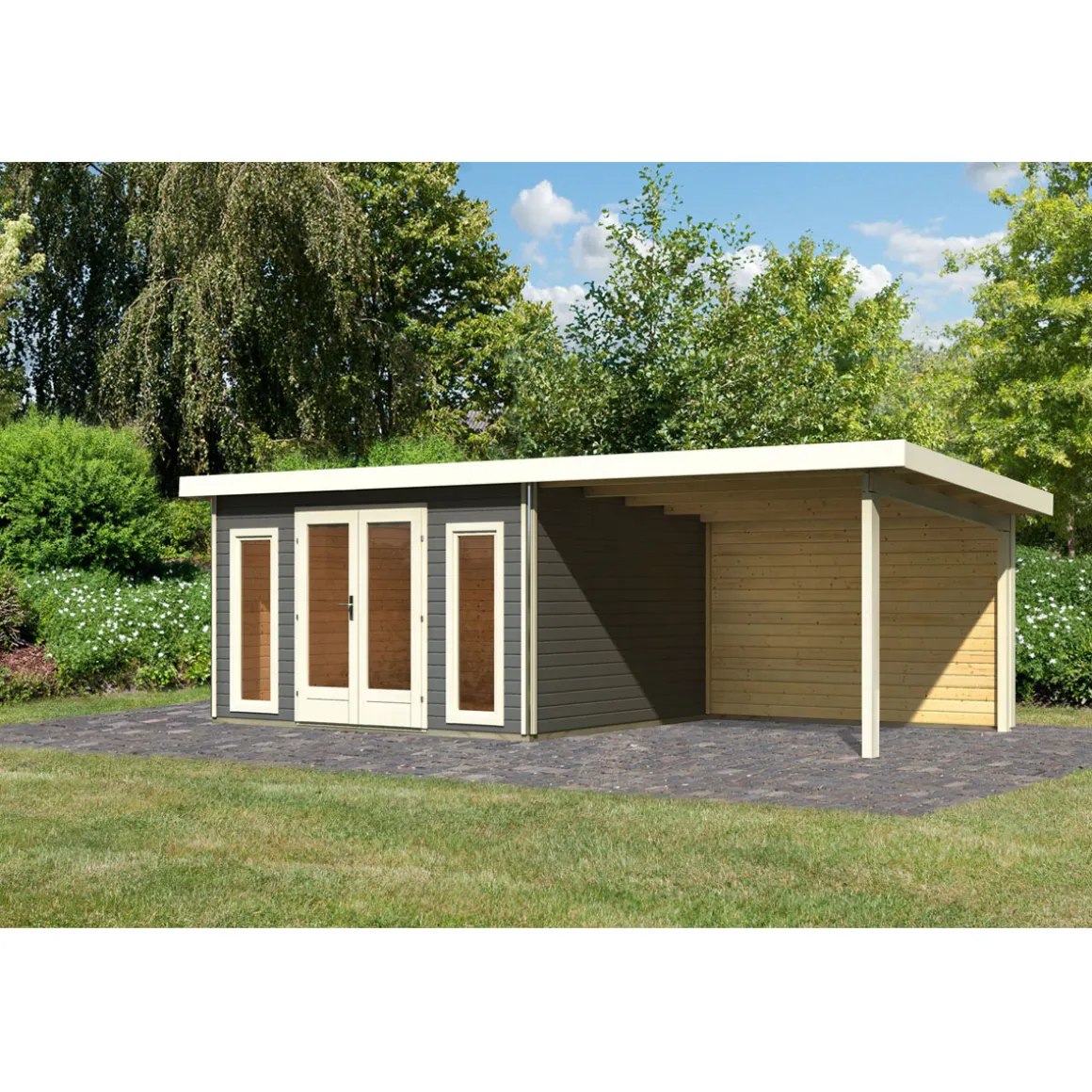 Karibu Blockbohlenhaus Radeburg 2 terragrau mit Anbaudach und Rückwand