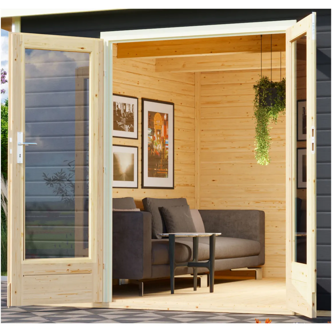 Karibu Blockbohlenhaus Radeburg 2 terragrau mit Anbaudach und Rückwand