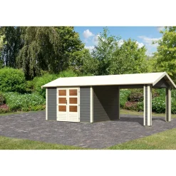 Karibu Blockbohlenhaus Theres 7 terragrau mit Dachausbauelement