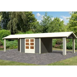 Karibu Blockbohlenhaus Theres 7 terragrau mit 2 Dachausbauelementen