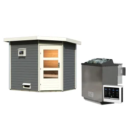Karibu Saunahaus- Set „Mikka“ terragrau mit Ofen 9 kW Bio ext. Steuerung