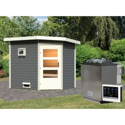 Karibu Saunahaus- Set „Mikka“ terragrau mit Ofen 9 kW Bio ext. Steuerung