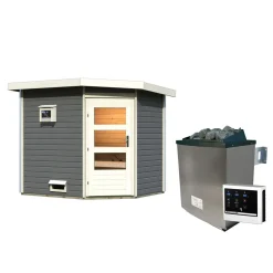 Karibu Saunahaus- Set „Mikka“ terragrau mit Ofen 9 kW ext. Steuerung