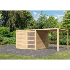 Karibu Gartenhaus Qubic 2 mit Anbaudach naturbelassen