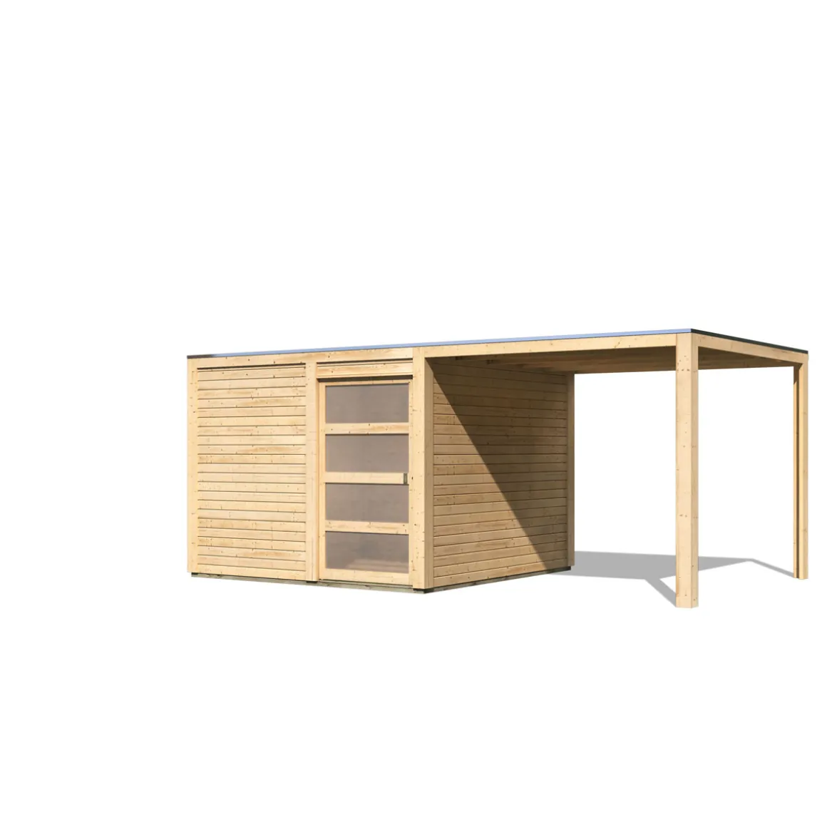 Karibu Gartenhaus Qubic 2 mit Anbaudach naturbelassen