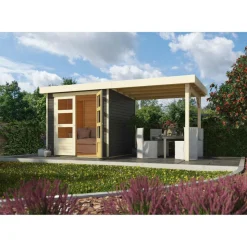 Karibu Gartenhaus-Set Askola 2 mit Anbaudach 2,40 m terragrau