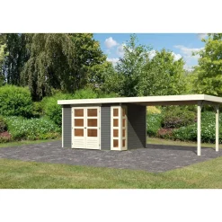 Karibu Gartenhaus-Set Kerko 4 mit Anbaudach 2,8 m terragrau