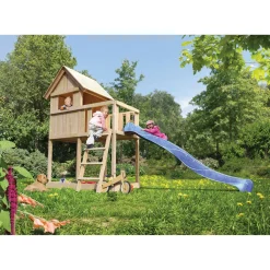 Karibu Kinderspielhaus Frieda mit Anbau und Rutsche naturbelassen