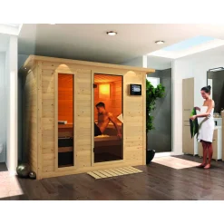 Karibu Massivholzsauna Sonara 3 40 mm 9 kW Ofen Bio externe Strg mit Kranz