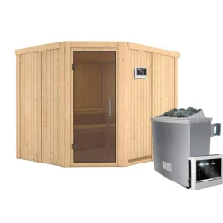 Karibu Sauna Malin Eckeinstieg 9 kW externe Strg modern Tür graphit ohne Kranz
