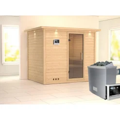 Karibu Sauna Sonara Fronteinstieg 9 kW Ofen externe Strg mit Kranz Klarglas-Tür