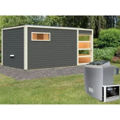 Karibu Saunahaus Hygge 38 mm 9 kW Ofen externe Strg Klarglas-Tür terragrau