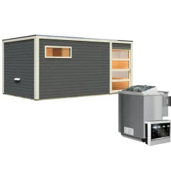 Karibu Saunahaus Hygge 38 mm 9 kW Bio Ofen externe Strg Klarglas-Tür terragrau