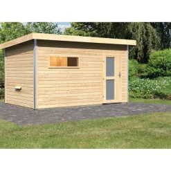 Karibu Saunahaus Skrollan 38 mm ohne Ofen Milchglastür