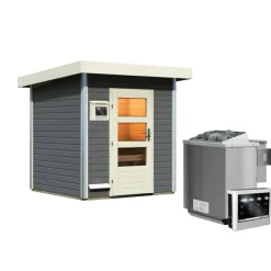 Karibu Saunahaus Torge 38 mm 9 kW Bio Ofen externe Strg moderne Tür terragrau