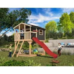 Karibu Stelzenhaus Benjamin terragrau inkl Rutsche rot