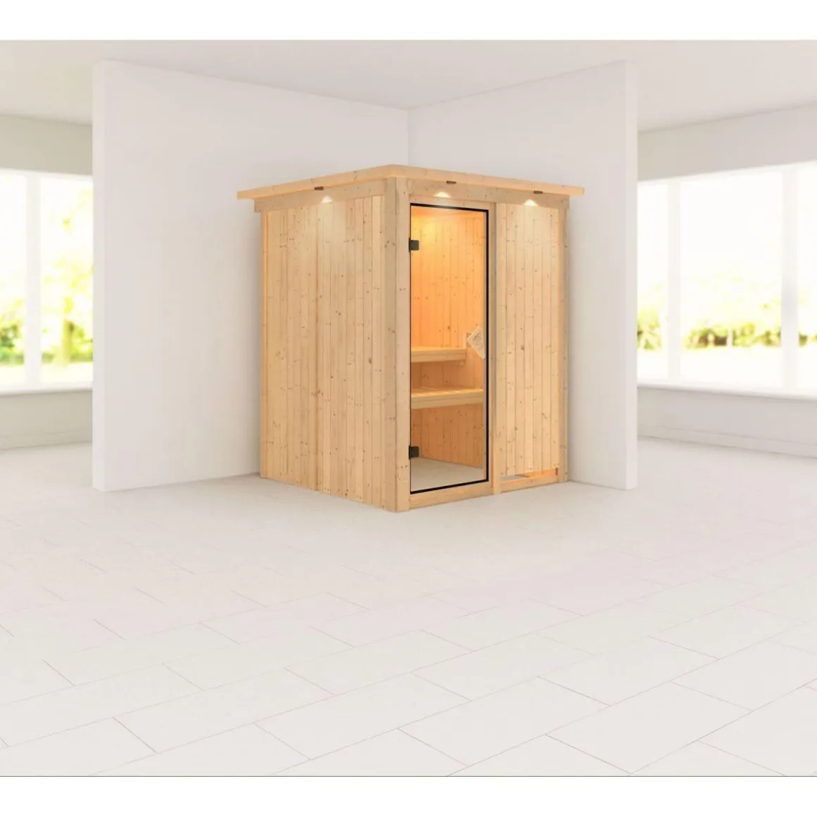 Karibu Systemsauna Norin 68 mm ohne Ofen mit Kranz