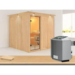 Karibu Systemsauna Rodin 68 mm 9 kW Ofen integr Strg mit Dachkranz