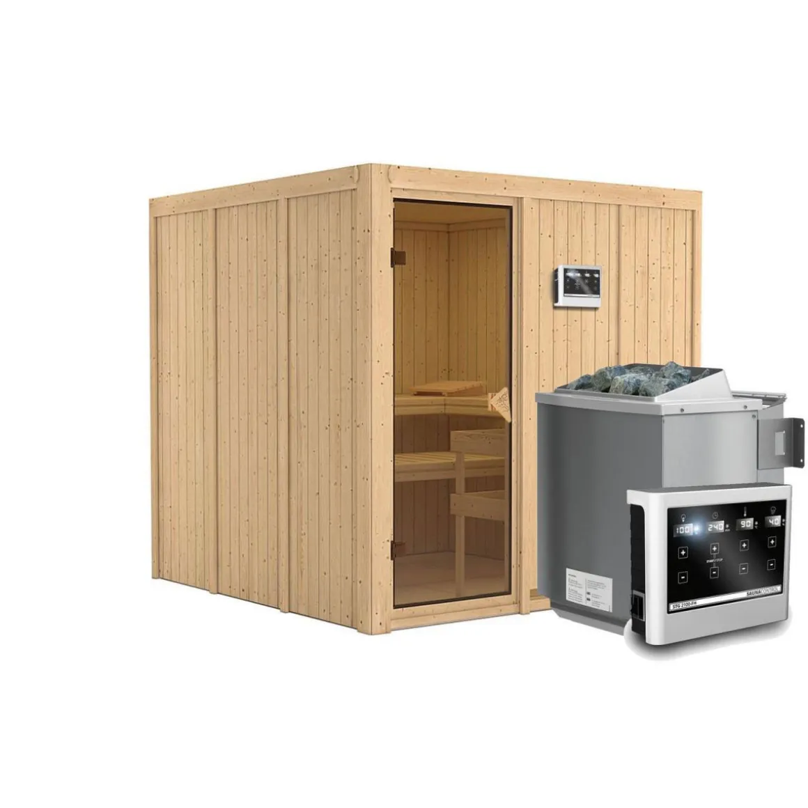 Karibu Systemsauna Rodin 68 mm 9 kW Ofen Bio externe Strg ohne Dachkranz