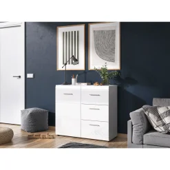 Kommode Adison Fronten in Hochglanz mit Rillenfräsung 96 x 86 x 40 cm weiß