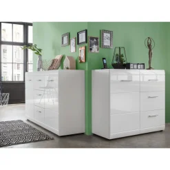 Kommode Adison Fronten in Hochglanz mit Rillenfräsung 96 x 86 x 40 cm weiß