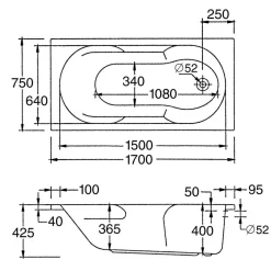 Ottofond Badewanne 170 x 75 cm weiß mit Wannenträger und Ab-/Überlaufgarnitur