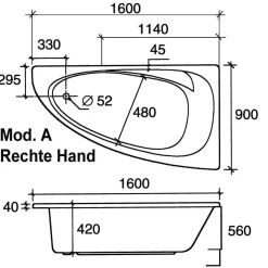 Ottofond Whirlpool-Eckwanne 136 cm weiß mit Whirlpool Typ 1 chrom