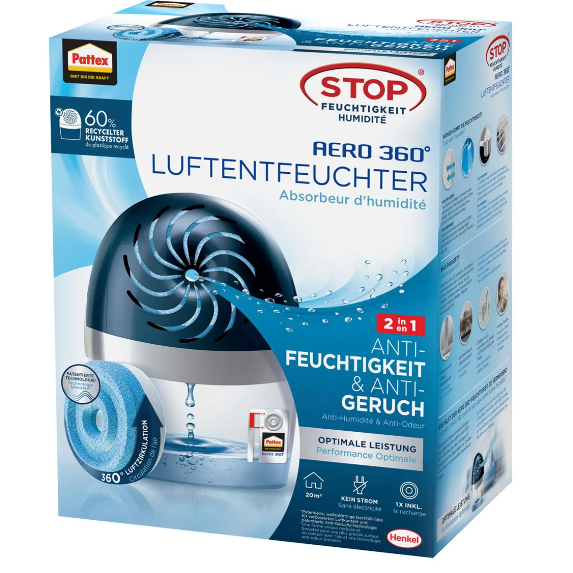 Pattex Luftentfeuchter AERO 360 1 x Gerät inkl 1 x Nachfülltab 450 g