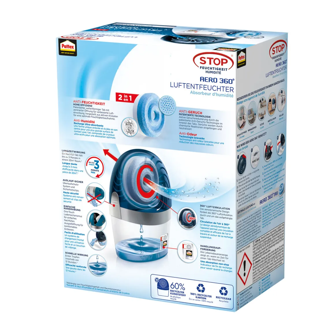 Pattex Luftentfeuchter AERO 360 1 x Gerät inkl 1 x Nachfülltab 450 g
