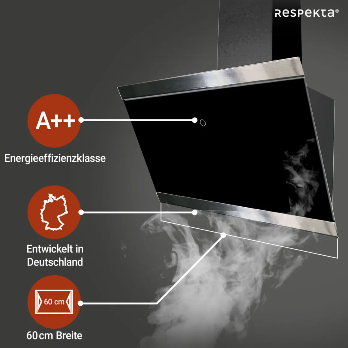 Respekta Haube Schwarz, 60 cm, EEK A++9 Leistungsstufen LED-Beleuchtung