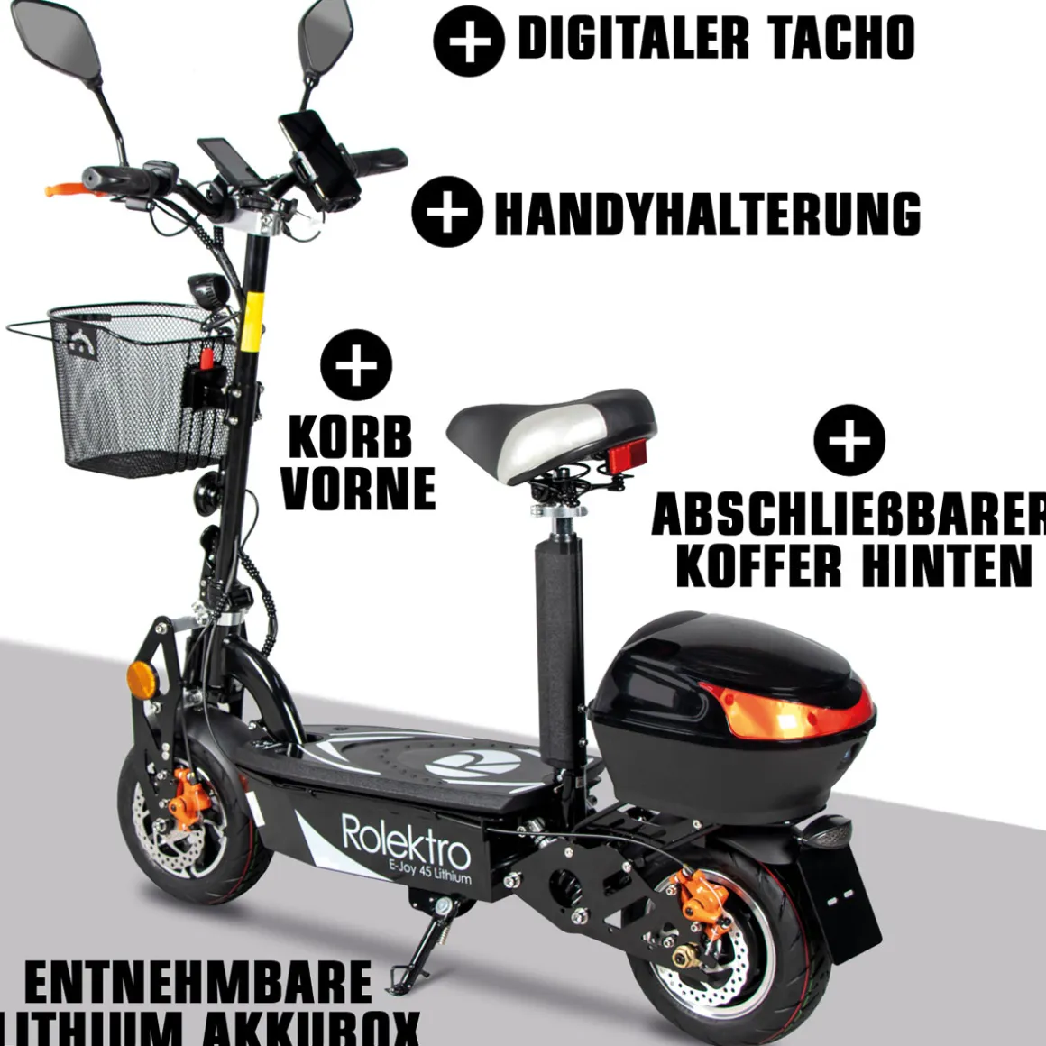 Rolektro E-Scooter „E-Joy 45“ Schwarz, 48 V-20 AH Akku, 1000 W