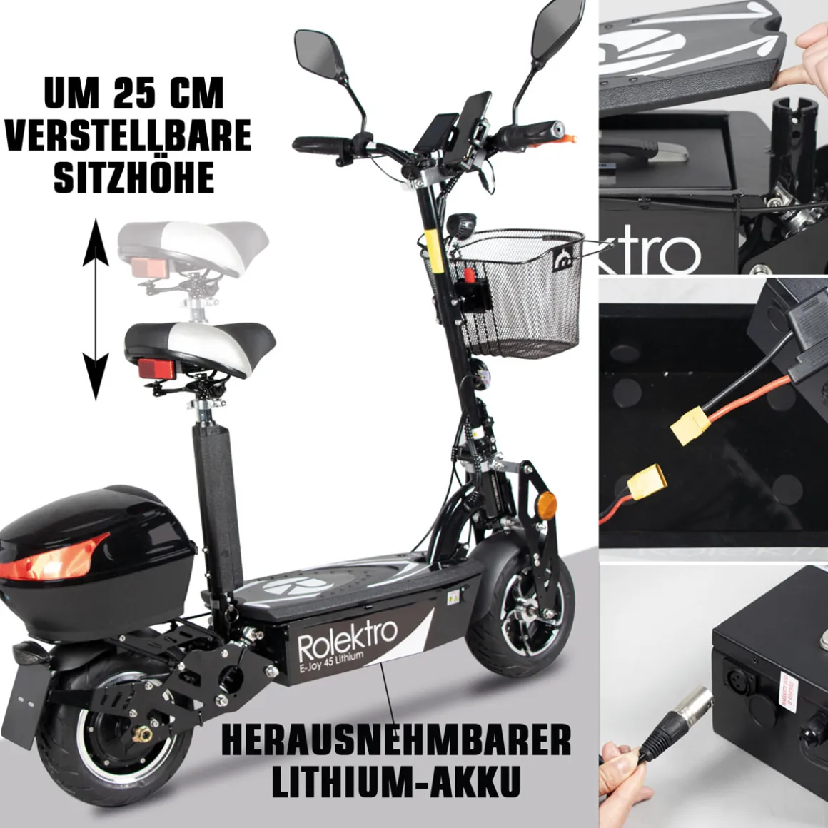 Rolektro E-Scooter „E-Joy 45“ Schwarz, 48 V-20 AH Akku, 1000 W
