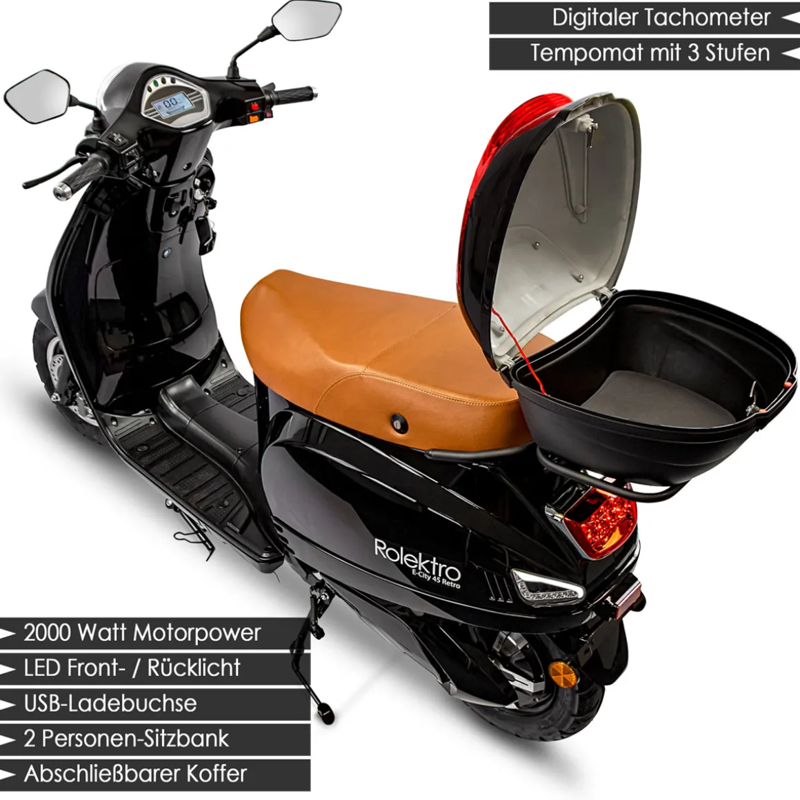 Rolektro Retro Roller E-Roller 45 km/h Lithium V.2021 Schwarz 60V-27,5Ah 2000W