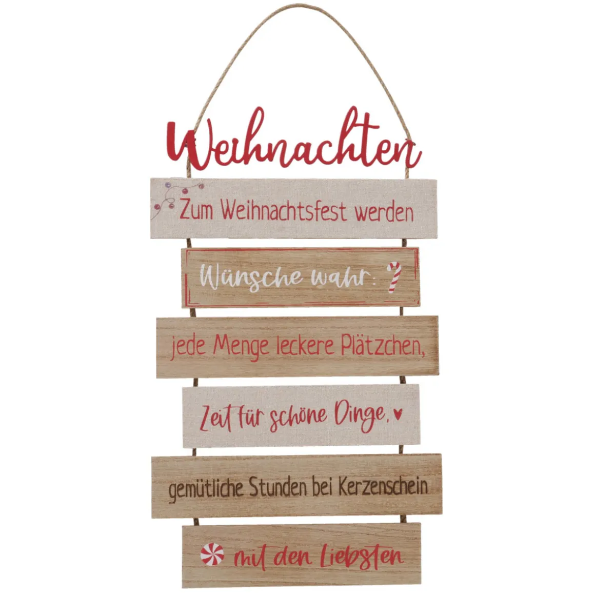 Schild Nollaig sortiert Rechteck 0,5 x 24 x 48 cm natur rot Metall Textil Holz