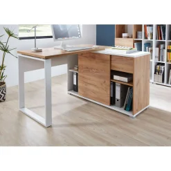 Schreibtisch Lionel mit integriertem Sideboard 120 x 75 x 117 cm weiß/Navarra-Eiche-Nachbildung