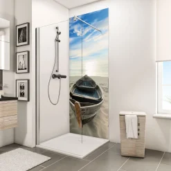 Schulte ExpressPlus Duschrueckwand DecoDesign Foto Ruderboot am Strand 2100 x 900