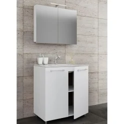 Stand-Waschplatz 80 cm 3-teilig 2 Türen mit Spiegelschrank weiß