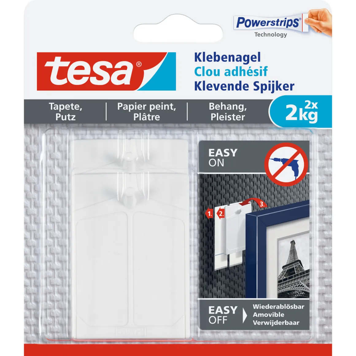 Tesa Klebenagel für Tapete und Putz 2 Stück Traglast 2 x 2 kg