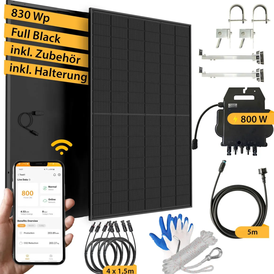 VALE Balkonkraftwerk 800 Watt Full Black mit Halterung - 830 Wp APsystems Wechselrichter