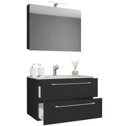 Waschplatz 80 cm 3-teilig 2 Schubfächer mit Spiegelschrank schwarz