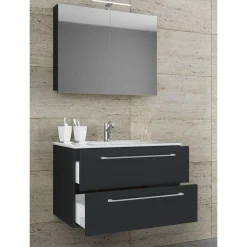 Waschplatz 80 cm 3-teilig 2 Schubfächer mit Spiegelschrank schwarz
