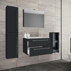 Waschplatz 80 cm 5-teiliges Set 2 Schubfächer mit Spiegelschrank schwarz