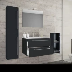 Waschplatz 80 cm 5-teiliges Set 2 Schubfächer mit Spiegel schwarz